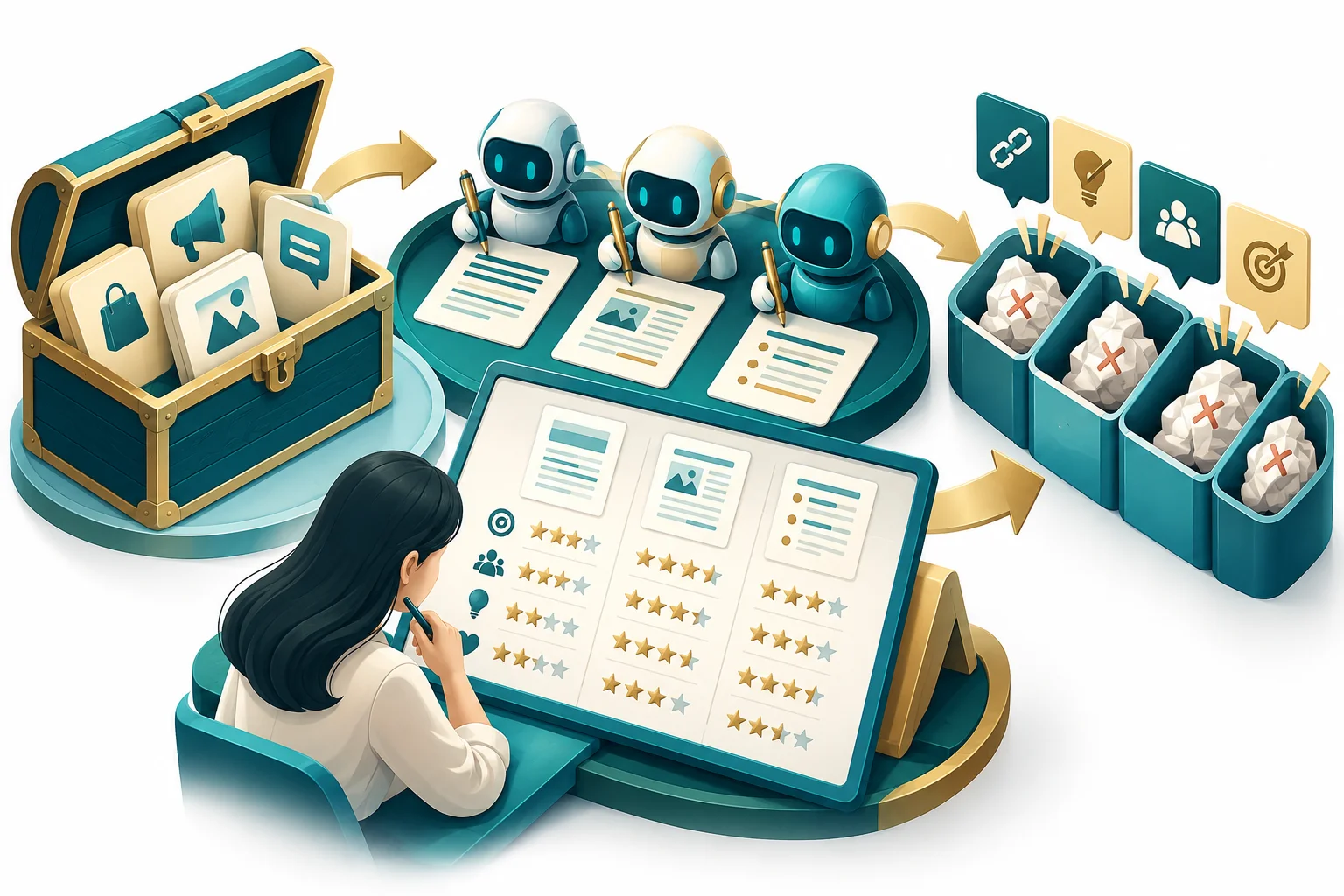 如何評估 AI 文案品質？建立團隊自己的測試題庫：主題概念示意