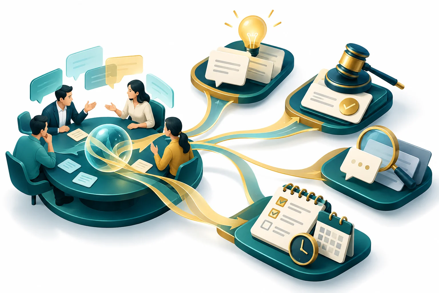 AI 會議摘要的下一步：把討論整理成可追蹤的決策：主題概念示意