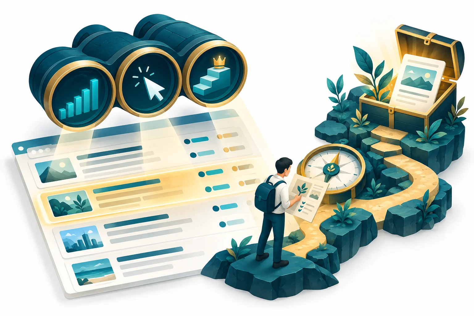 Search Console 有曝光卻沒點擊？用查詢與頁面找內容機會：主題概念示意