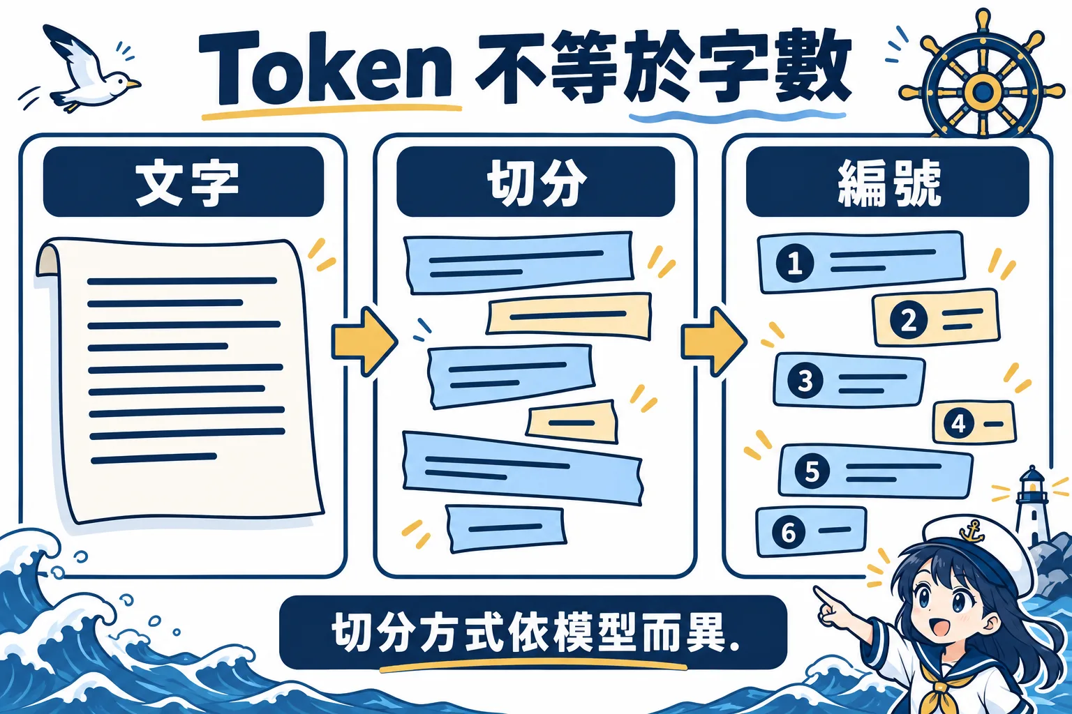 文字先切分,再對應編號。切分長度與編號依 tokenizer 而異,圖中的數字僅用於示意。