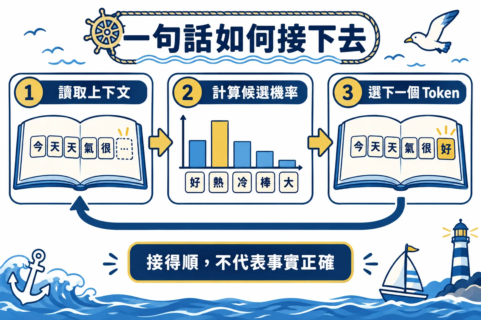 每一步依上下文計算候選機率,再選出下一個 token;抽樣不一定選最高機率。字塊僅為概念示意,並非實際分詞。