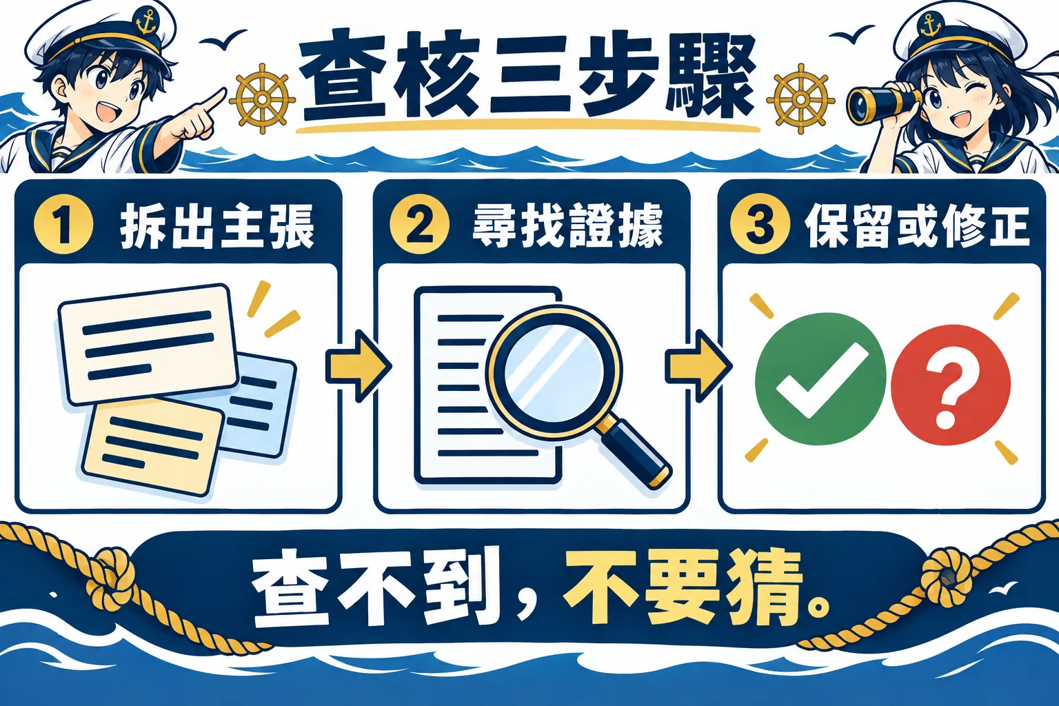 把回答拆成主張、回查證據,再決定保留、修正或標記待確認。