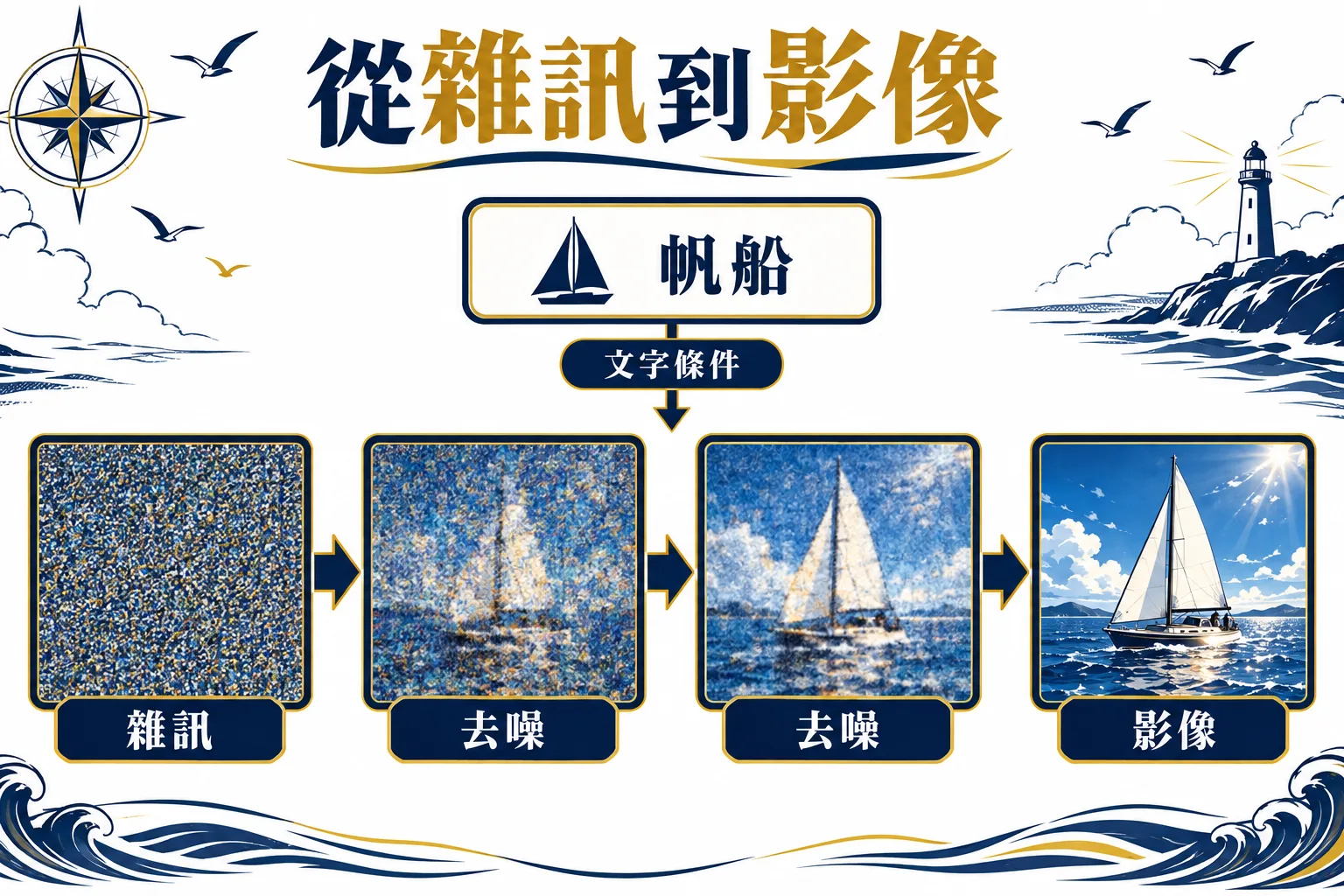 文字條件引導生成方向,模型逐步去噪形成影像;不同架構的表示與取樣方式可能不同。